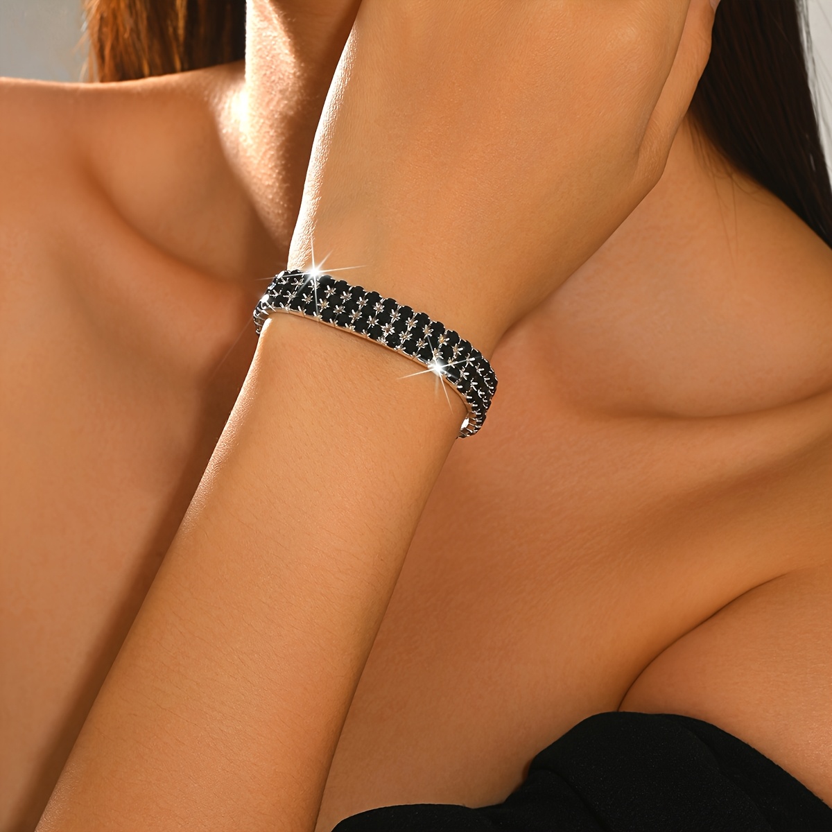 4pc Rhinestone Elastic Bangle 3-Row Bracelet Set